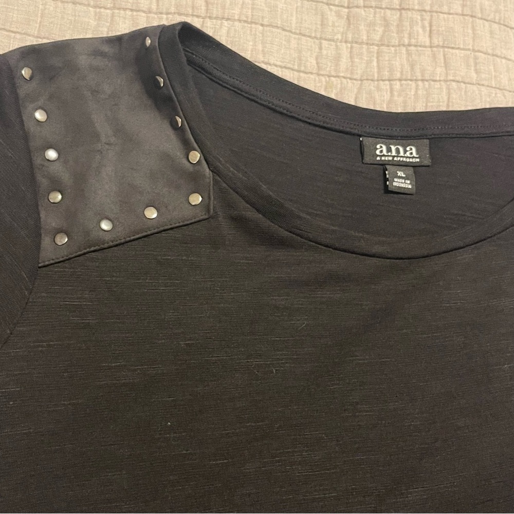 a.n.a. Solid Black Shirt with Faux Suede Grommet Shoulder Size XL - Picture 3 of 9